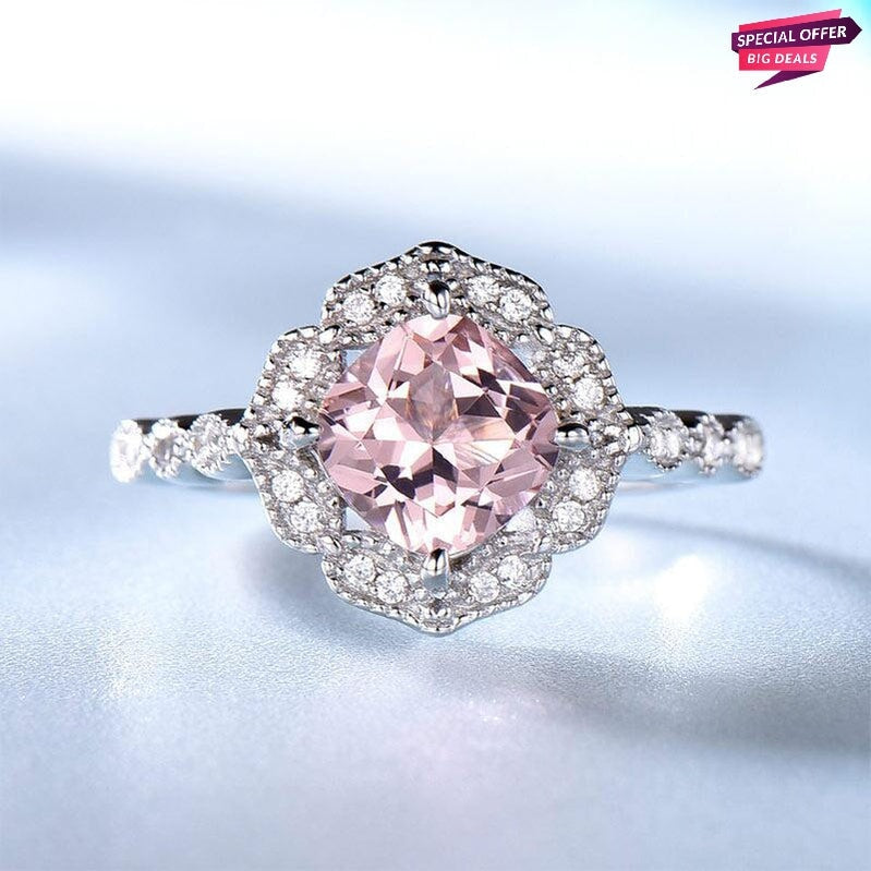 925 Sterling Sliver Zircon Morganite Cushion Cut Halo Solitaire Ring