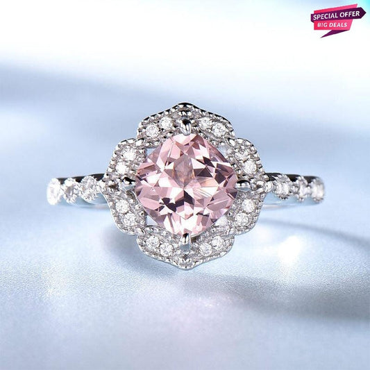 925 Sterling Sliver Zircon Morganite Cushion Cut Halo Solitaire Ring