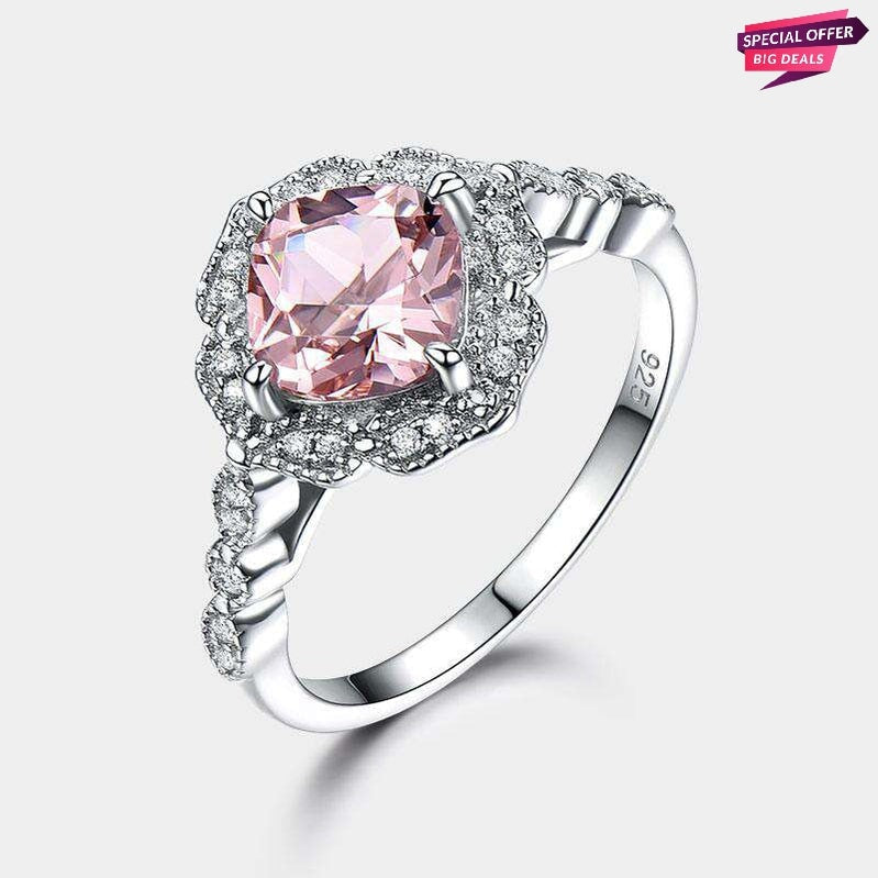 925 Sterling Sliver Zircon Morganite Cushion Cut Halo Solitaire Ring