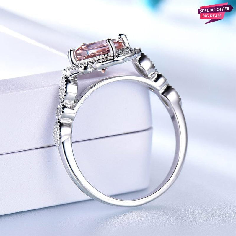 925 Sterling Sliver Zircon Morganite Cushion Cut Halo Solitaire Ring