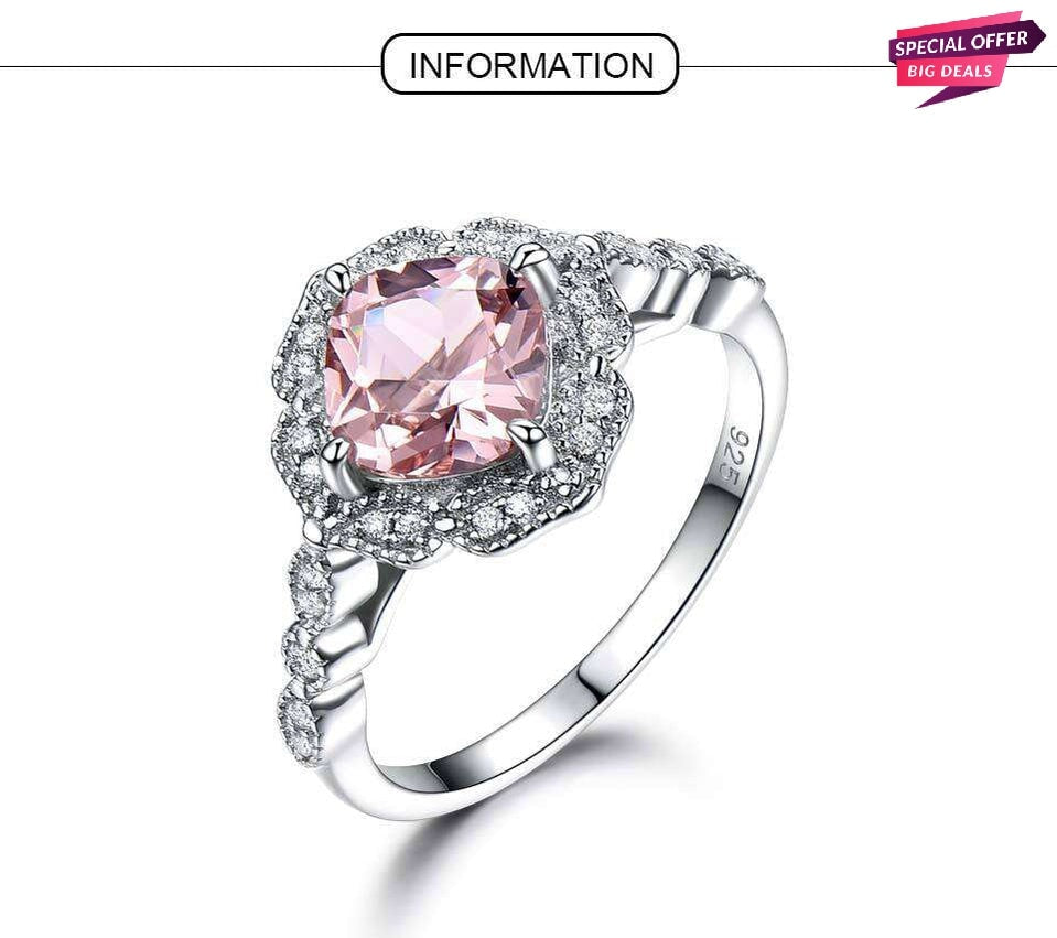 925 Sterling Sliver Zircon Morganite Cushion Cut Halo Solitaire Ring