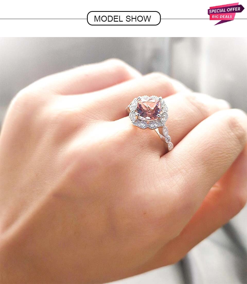 925 Sterling Sliver Zircon Morganite Cushion Cut Halo Solitaire Ring