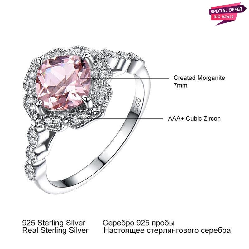 925 Sterling Sliver Zircon Morganite Cushion Cut Halo Solitaire Ring
