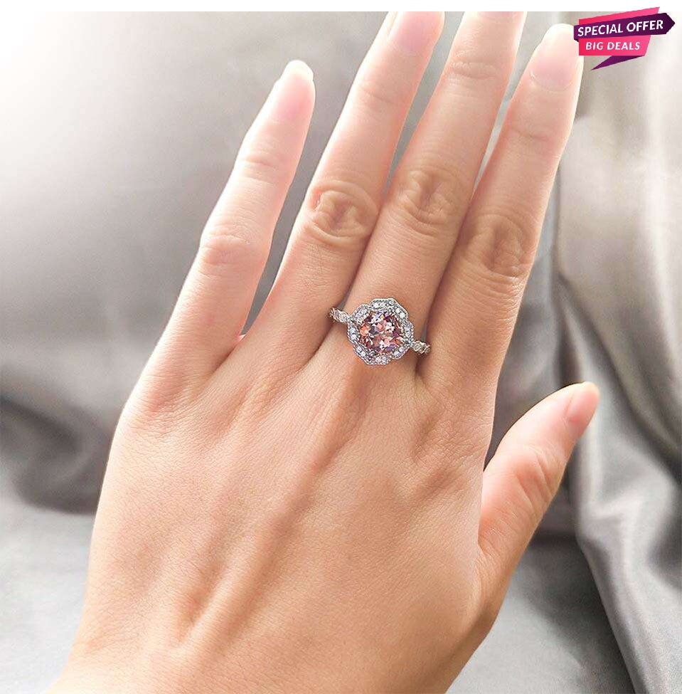 925 Sterling Sliver Zircon Morganite Cushion Cut Halo Solitaire Ring