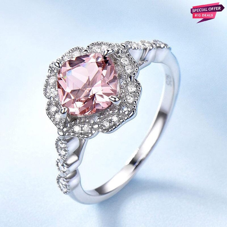 925 Sterling Sliver Zircon Morganite Cushion Cut Halo Solitaire Ring